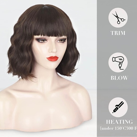 ENTRANCED STYLES Short Curly Wavy Bob Synthetic Wig With Bang Comes With Wig Cap - Picture 2 of 10